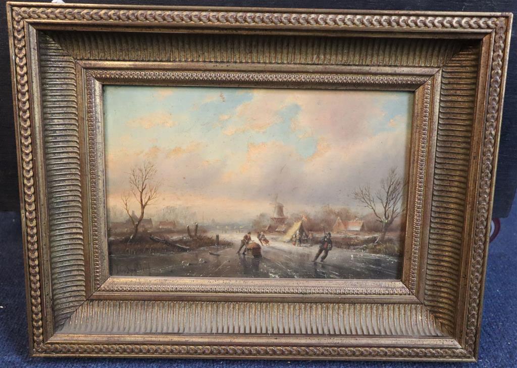 Jan Jacob Spohler (1837-1923) Winter landscape with figures on the ice 6 x 9.25in.